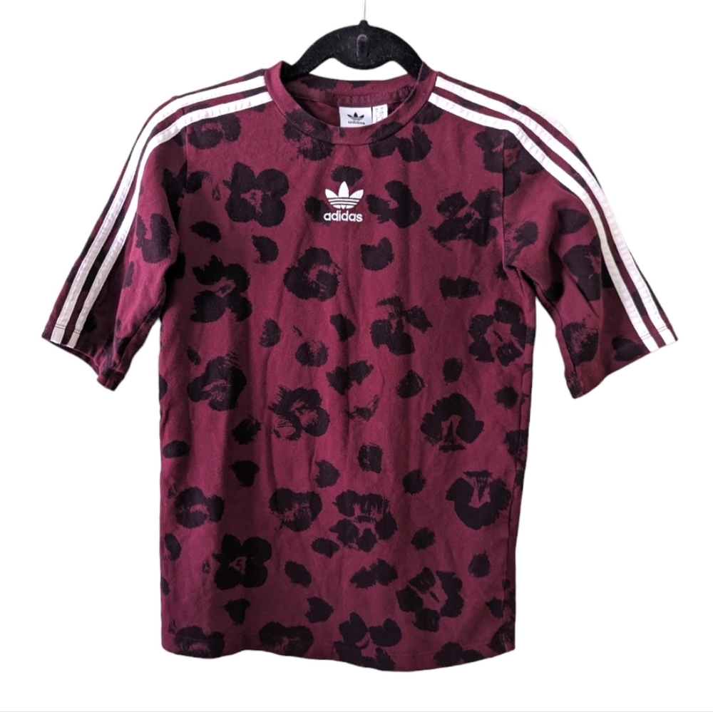 Adidas Bellista Allover Leopard Print Maroon‎ Tee Sz Small